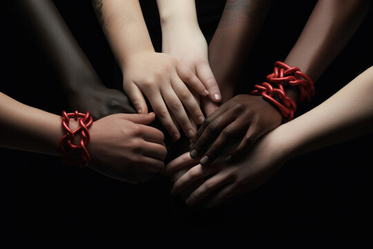 Hands Of People Of Different Races In A Pile. Conceptual Image Of Models Promoting Unity And Solidarity Among All Races And Cultures