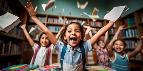 excitement of going back to school, featuring a group of diverse students interacting in a classroom against a backdrop of books and educational materials. Generative Ai