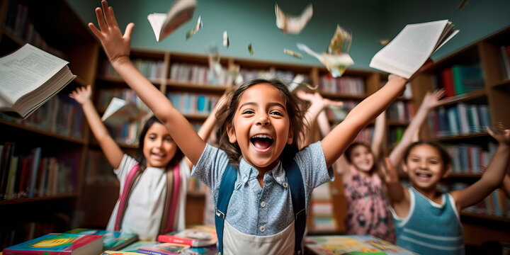 excitement of going back to school, featuring a group of diverse students interacting in a classroom against a backdrop of books and educational materials. Generative Ai
