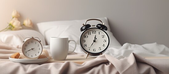 alarm clock and a cup of coffee placed on a white bedside table in front of a bed with gray linens.