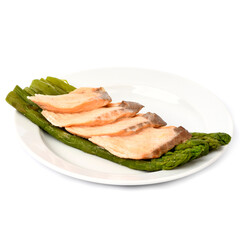 Asparagus with salmon on a white background