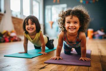 Laughing Children Learn Yoga On Colourful Mats. Charging At The Day Care Centre