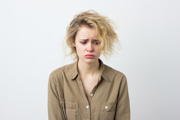 Portrait Of Worried Crying Woman On White Background