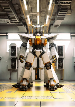 immagine con primo piano di moderno e sofosticato robot meccanico nella stiva di carico di una nave spaziale