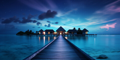 Luxury Maldives tropical island beach resort travel vacation villas at night. Generative AI image - obrazy, fototapety, plakaty