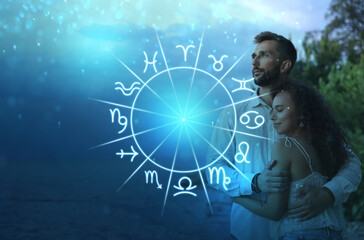 Horoscope compatibility. Loving couple and zodiac wheel