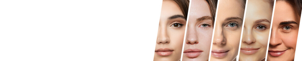 Banner. Composite image in vertical stripe of beautiful young women faces with healthy clean skin...