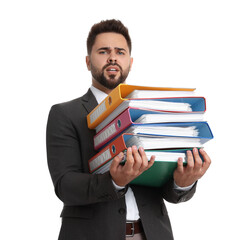 Stressful man with folders on white background