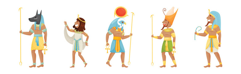 Egyptian God and Deities Wearing Antique Clothing and Holding Rod Vector Set