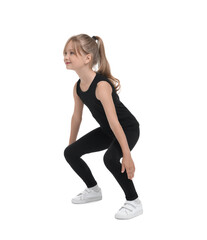 Fototapeta na wymiar Little girl doing squats on white background. Morning exercise