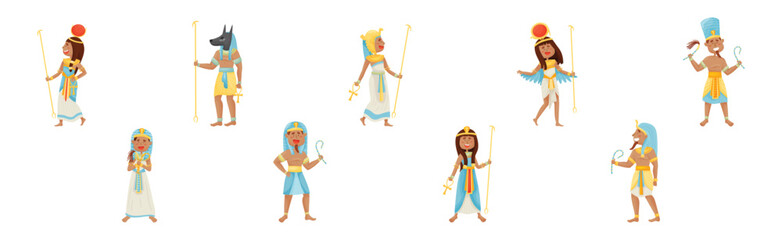 Egyptian God and Deities Wearing Antique Clothing and Holding Rod Vector Set