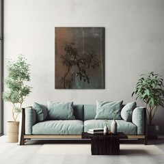The interior of the front living room with a modern sofa is added with a cozy tree picture frame.