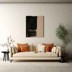 The interior of the front living room with a modern sofa is added with a cozy tree picture frame.