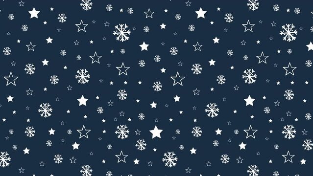 4k Animated Hand Drawn Doodle Style Snowflakes and stars repeated motion pattern texture decorative falling snow for New year Christmas or winter concept Videos Template on dark blue Background.