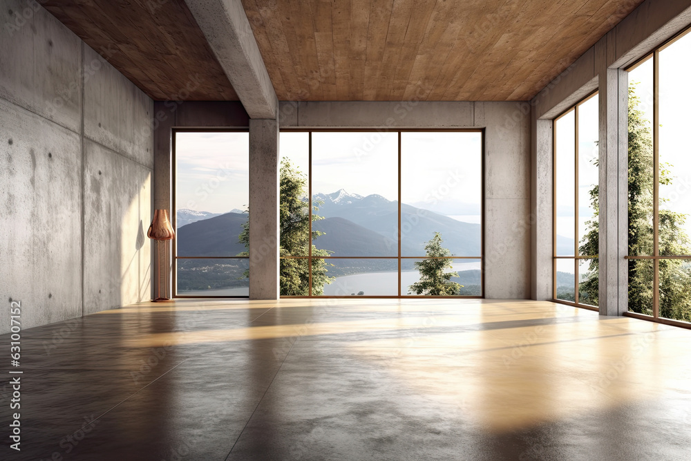 Poster empty room with panoramic window and mountain view