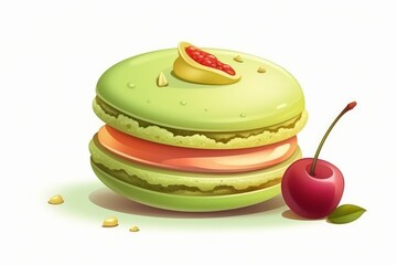 Pistachio Macaron with cherry in cartoon style on white background. AI generated