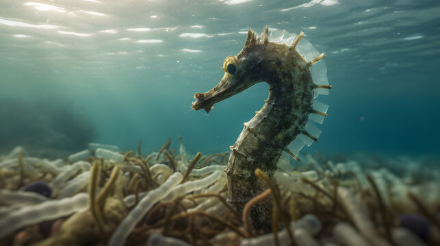 sea horse swimming between plastic bottles