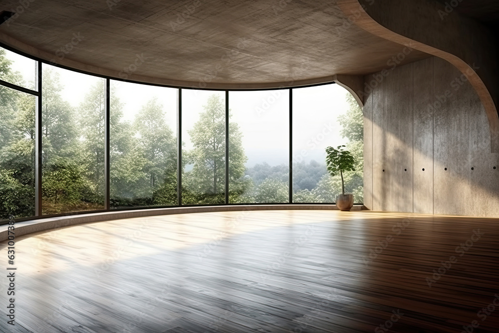 Poster empty room with panoramic window and mountain view