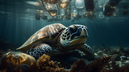 green sea turtle swimming between plastic bottles