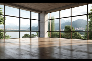 Obraz premium Empty room with panoramic window and mountain view