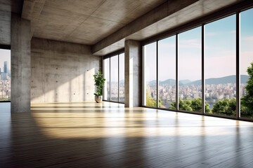 Empty room with panoramic window and mountain view