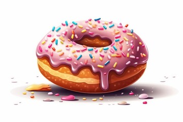 Donut with sprinkle in cartoon style on white. AI generated