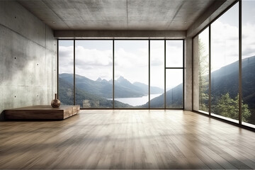 Fototapeta premium Empty room with panoramic window and mountain view