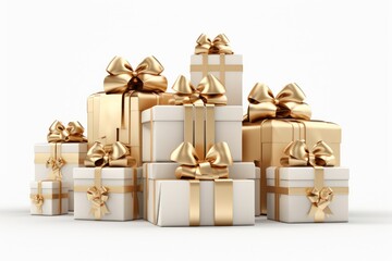  christmas gift boxes, presents with golden bows and ribbons isolated white background. Generative Ai.