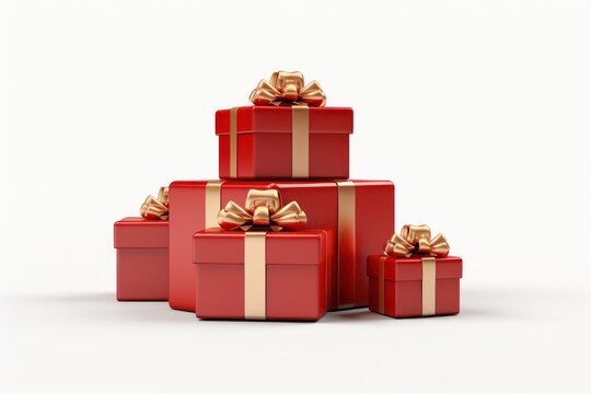  christmas gift boxes, presents with golden bows and ribbons isolated white background. Generative Ai.