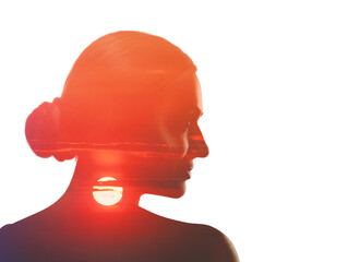 Harmony, balance, mindfulness. Beautiful woman and sky at sunset, double exposure