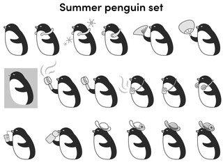クールグッズを使用するペンギンのイラストセット（白黒）