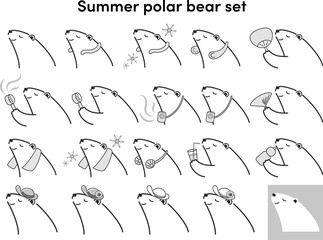 クールグッズを使用するシロクマのイラストセット（白黒）