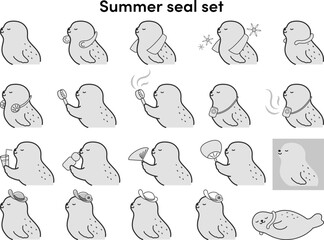 クールグッズを使用するアザラシのイラストセット（白黒） © Daphnia