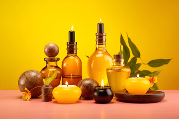 Beautiful spa composition on yellow background. Natural skincare cosmetic products