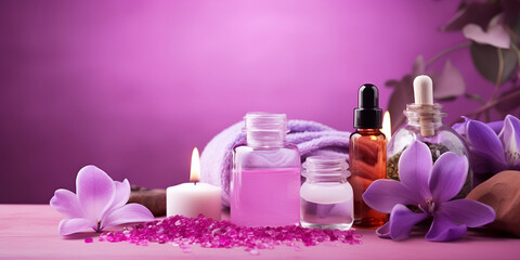 Beautiful spa composition on purple background. Natural skincare cosmetic products