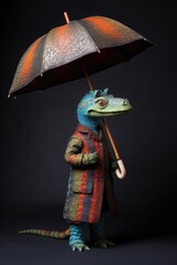 Colorful reptile figurine holding an umbrella