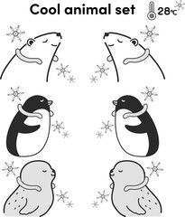 クールリングを使用する動物のイラストセット（シロクマ・ペンギン・アザラシ）（白黒）