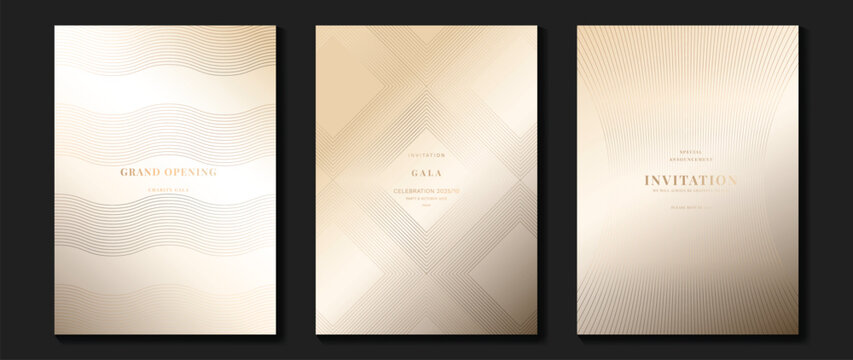 Naklejka Luxury gala invitation card background vector. Golden elegant wavy gold line pattern on light background. Premium design illustration for wedding and vip cover template, grand opening.