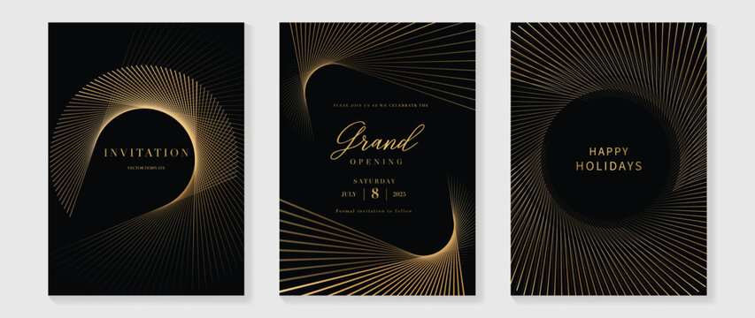 Naklejka Luxury gala invitation card background vector. Golden elegant wavy gold line pattern on black background. Premium design illustration for wedding and vip cover template, grand opening.