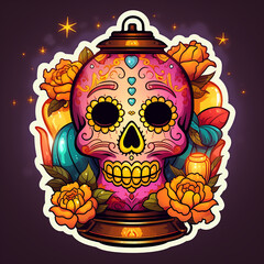 Day of the Dead colorful illustration with sugar skull and flowers.Sticker, kawaii style. 
