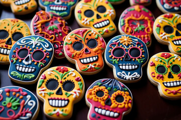Colorful sugar skull cookies on wooden background. Day of the Dead.
