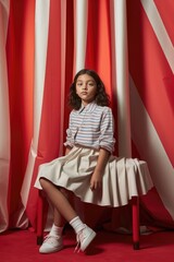 Fototapeta premium The Little Girl Sitting on a Stool in Front of Bright Red Curtains, A Fictional Character Created by Generated AI. 