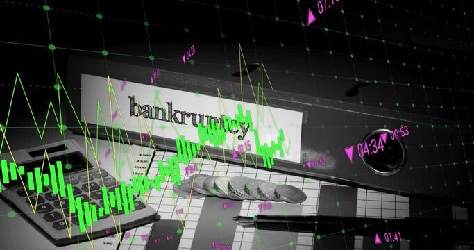 Animation of financial data processing over calculator, bankruptcy file and coins