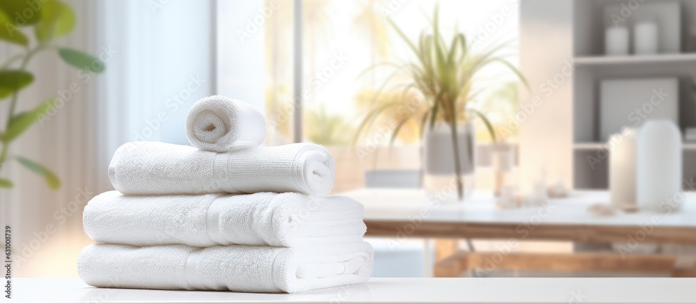 Poster A montage for product display involving a roll-up of white towels on a white table with a blurred living