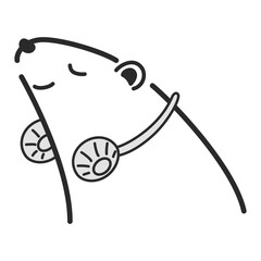 首にかける扇風機（ネックファン）を使うシロクマのイラスト（白黒）