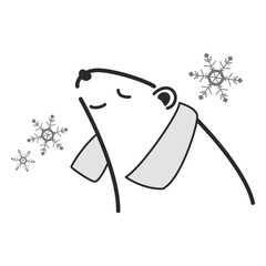 クールタオルを首にかけたシロクマのイラスト（白黒）