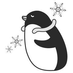 クールネックリングを付けるペンギンのイラスト（白黒）