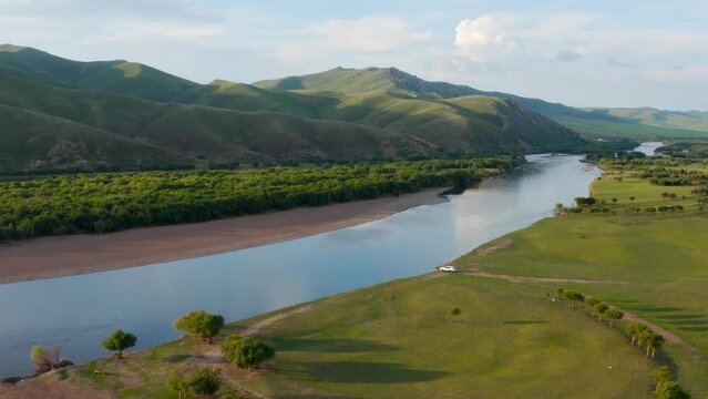 Aerial View Of River, Forest, Grassland And Mountain Range In Hulun Buir, Inner Mongolia, China.