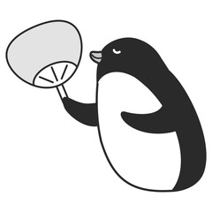 うちわをあおぐペンギンのイラスト（白黒）