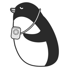 ミニ扇風機を首にかけたペンギンのイラスト（白黒）